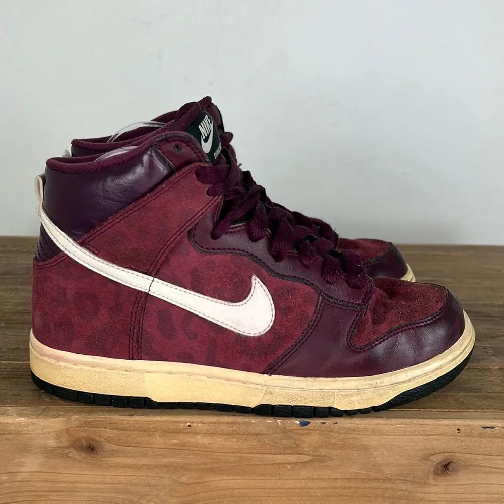 Nike Bordeaux wine red cheetah leopard dunk high athletic shoes women’s size 7.5